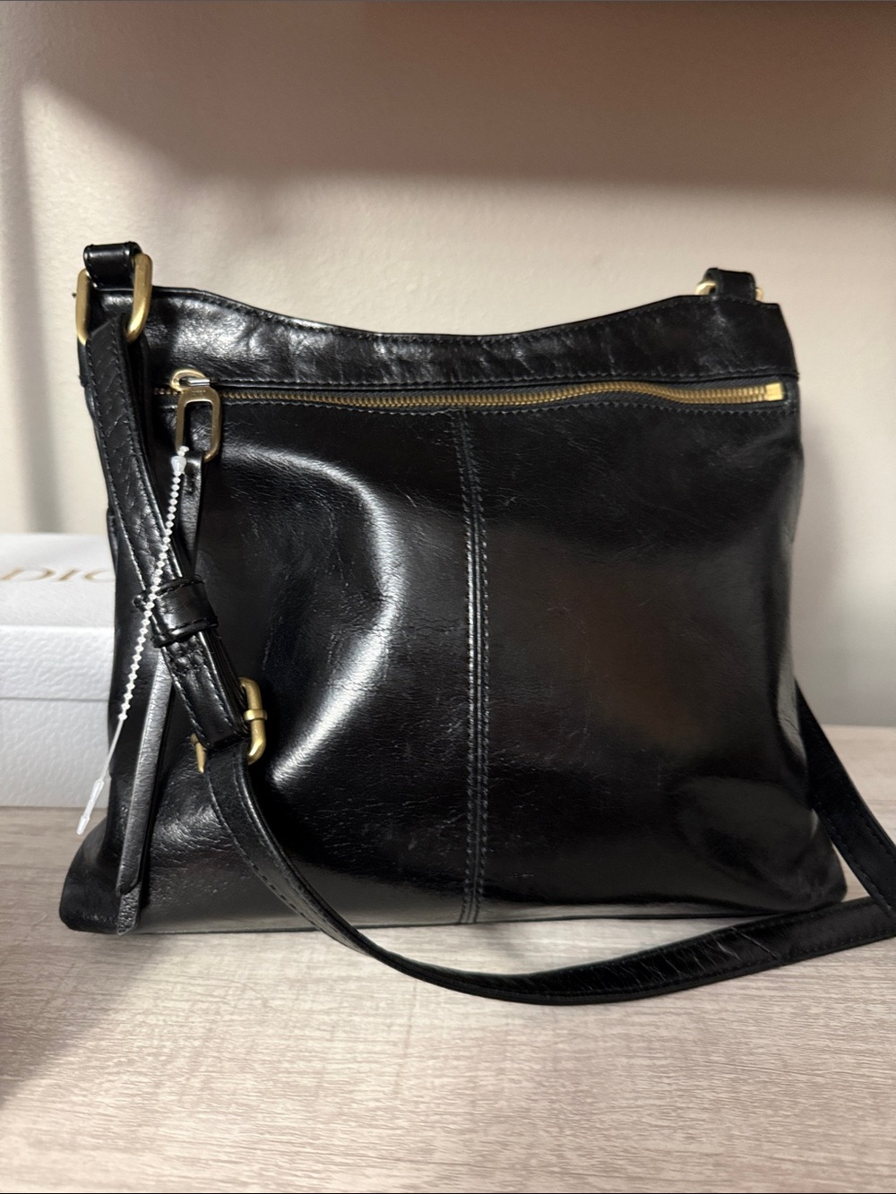 HOBO Black Leather Crossbody Bag with Gold Hardware